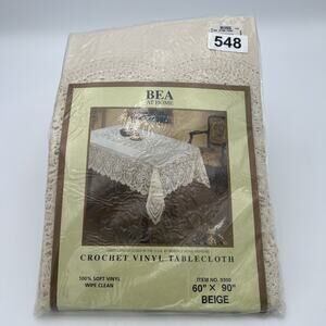 NOS Bea At Home Tablecloth 60" x 90" Beige Rectangle Crochet Lace Soft Vinyl